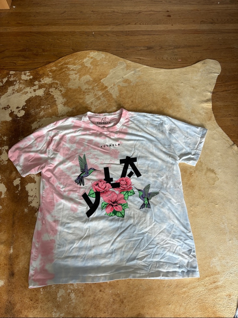 YoungLA Pink & White Tie-Dye Tee with Floral & Hummingbird Graphic